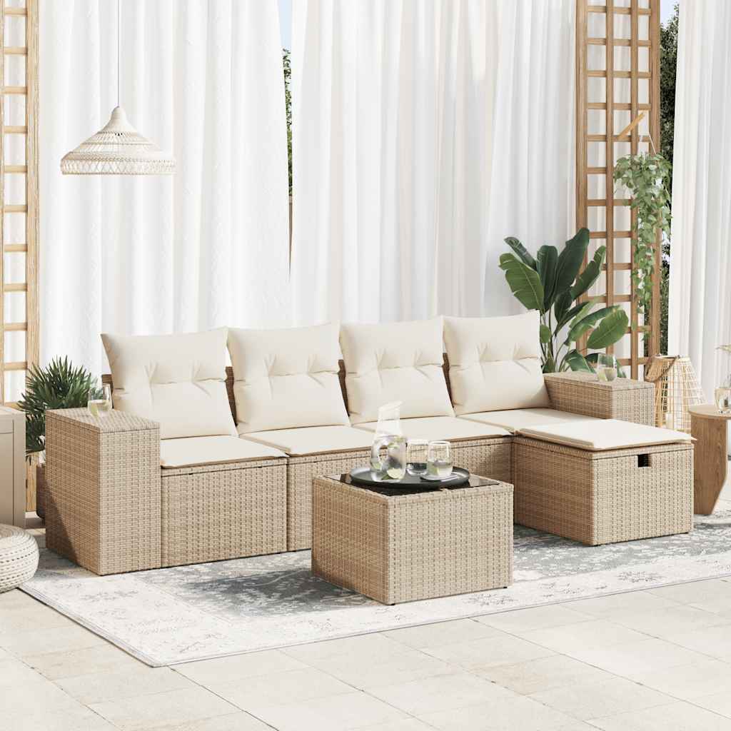 vidaXL 6-tlg. Garten-Sofagarnitur mit Kissen Beige Poly Rattan