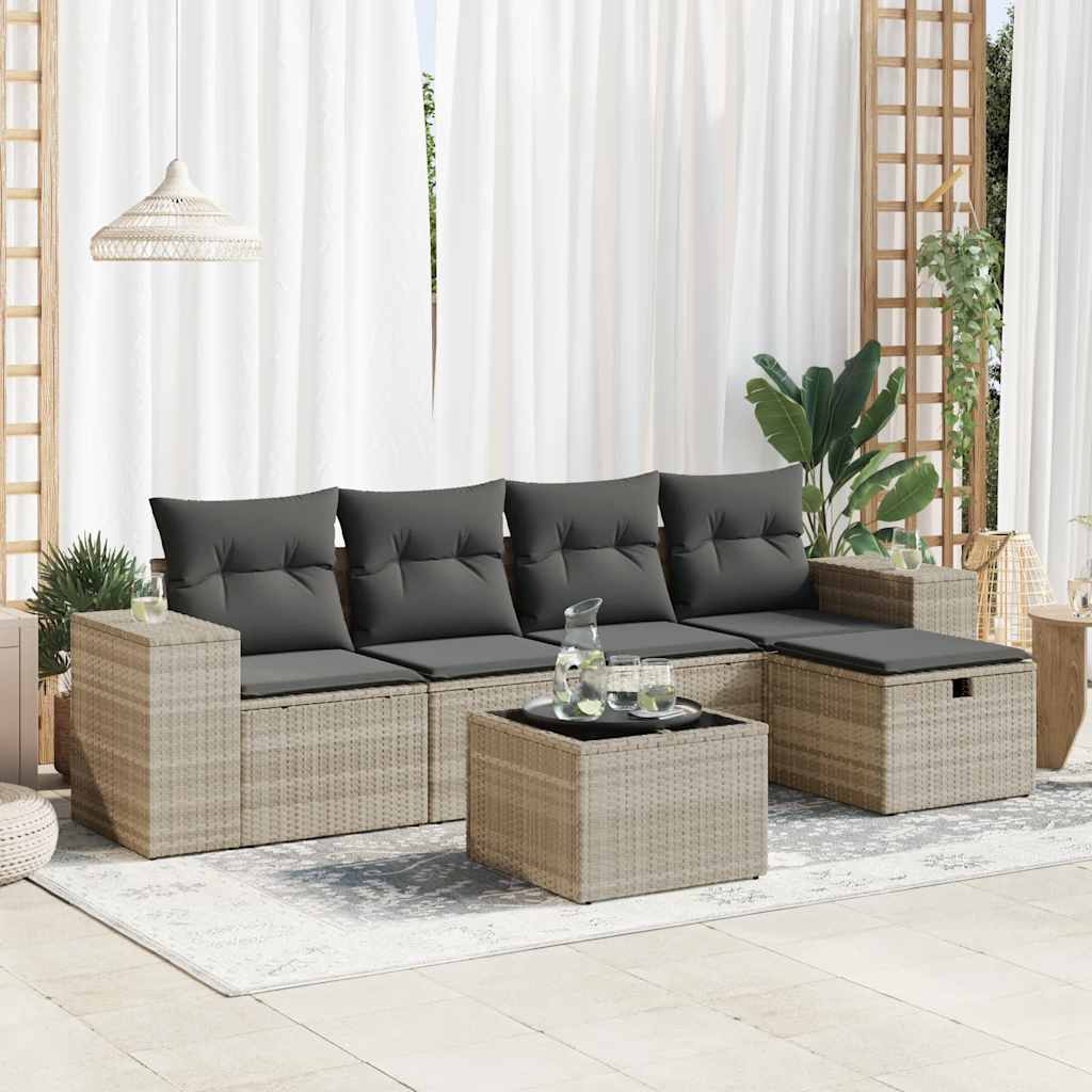 vidaXL 6-tlg. Garten-Sofagarnitur mit Kissen Hellgrau Poly Rattan