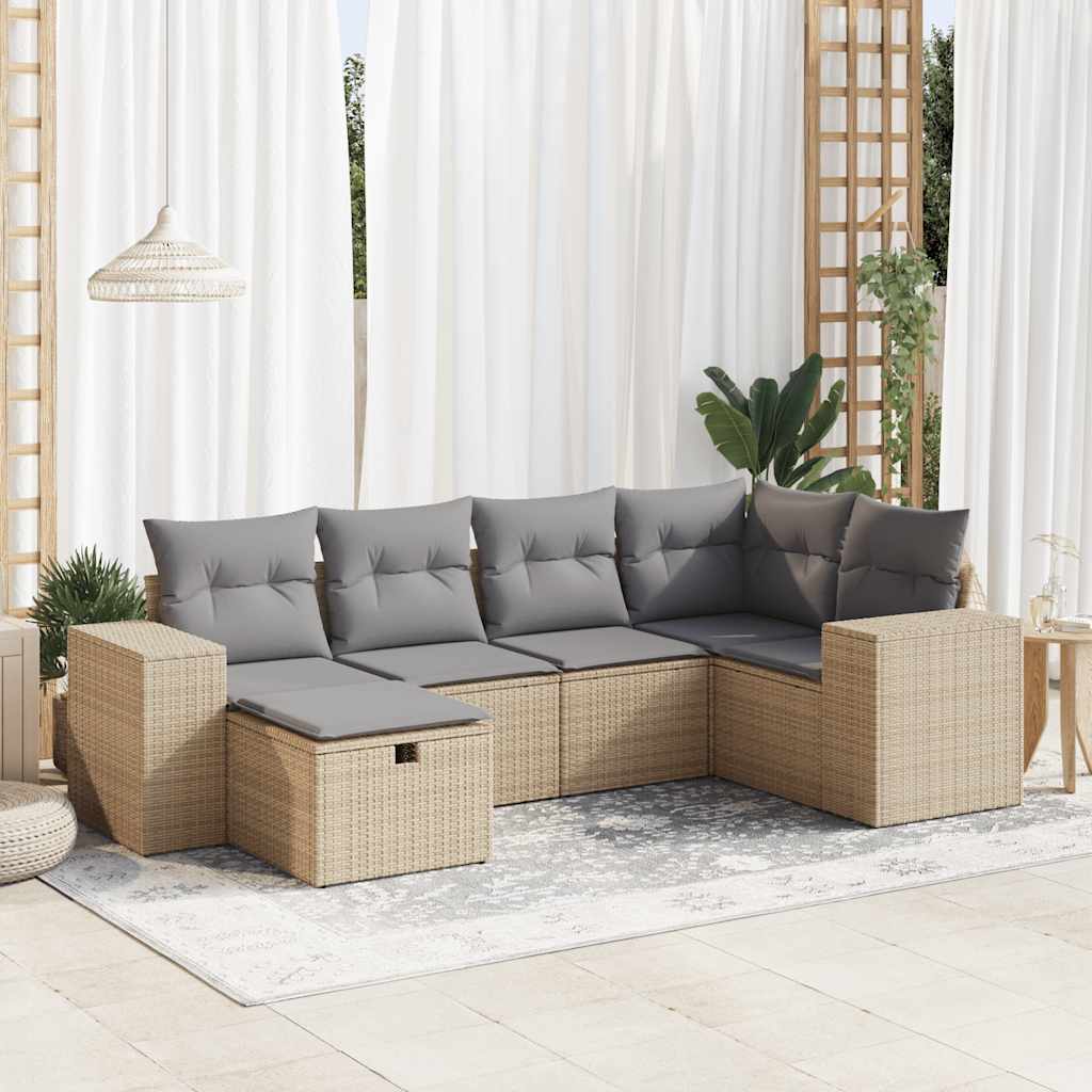 vidaXL 6-tlg. Garten-Sofagarnitur mit Kissen Beige Poly Rattan