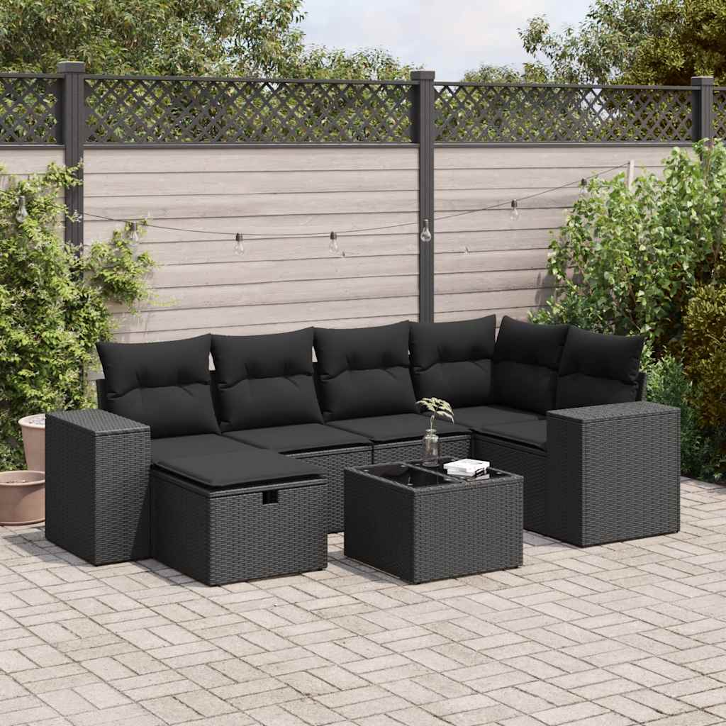 vidaXL 7-tlg. Garten-Sofagarnitur mit Kissen Schwarz Poly Rattan