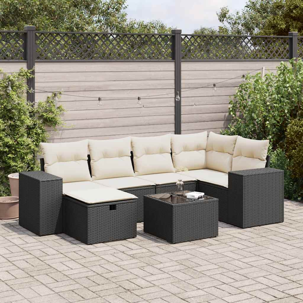 vidaXL 7-tlg. Garten-Sofagarnitur mit Kissen Schwarz Poly Rattan