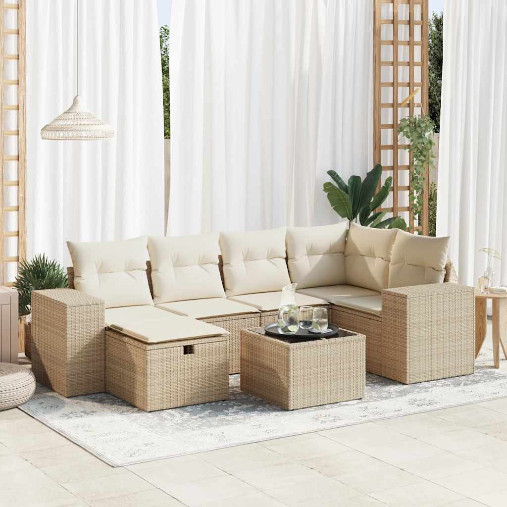 vidaXL 7-tlg. Garten-Sofagarnitur mit Kissen Beige Poly Rattan