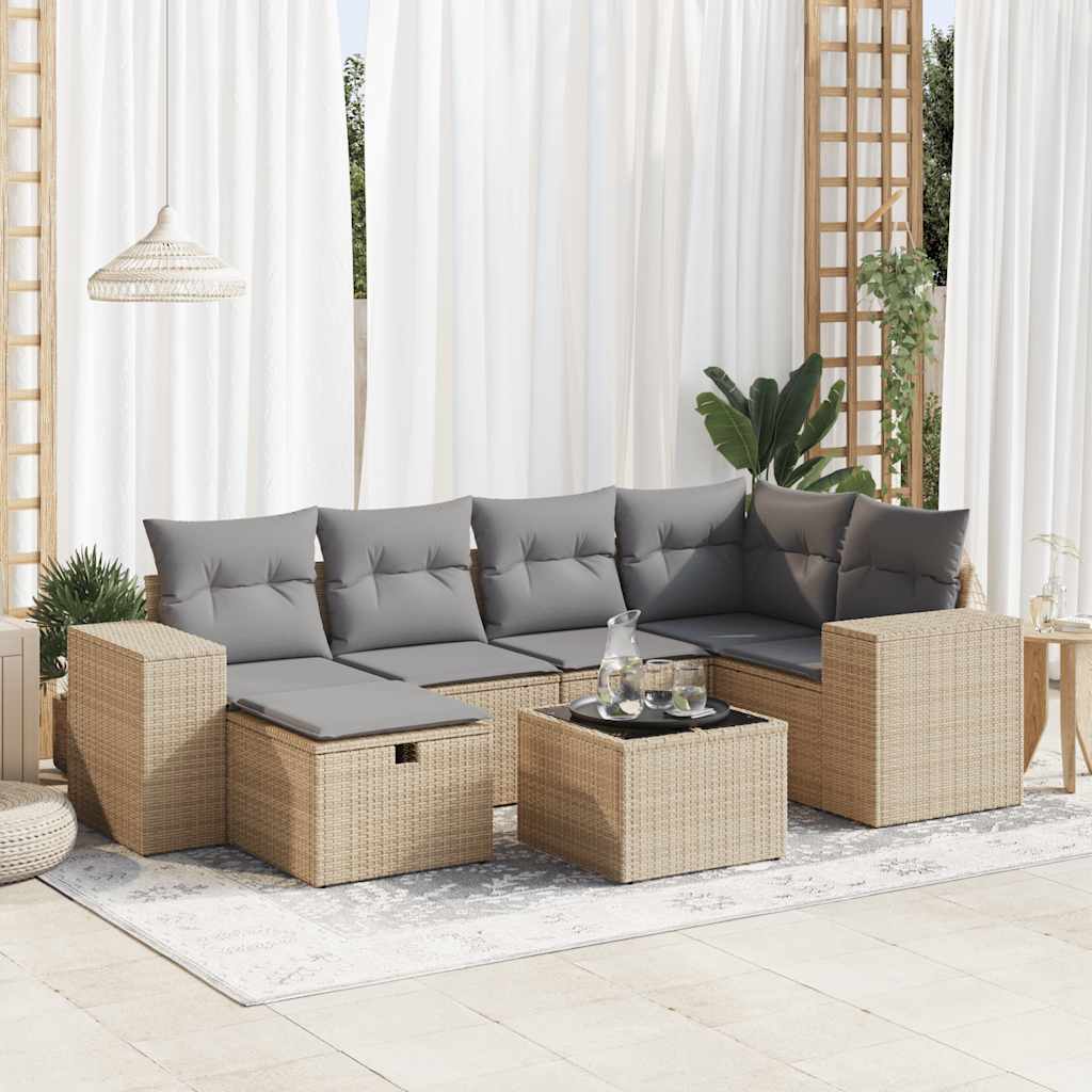 vidaXL 7-tlg. Garten-Sofagarnitur mit Kissen Beige Poly Rattan