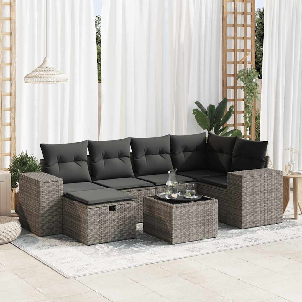 vidaXL Set canapele de grădină, 7 piese, cu perne, gri, poliratan