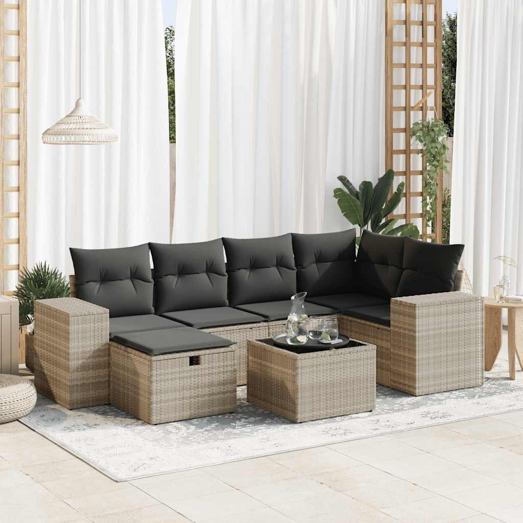 vidaXL 7-tlg. Garten-Sofagarnitur mit Kissen Hellgrau Poly Rattan