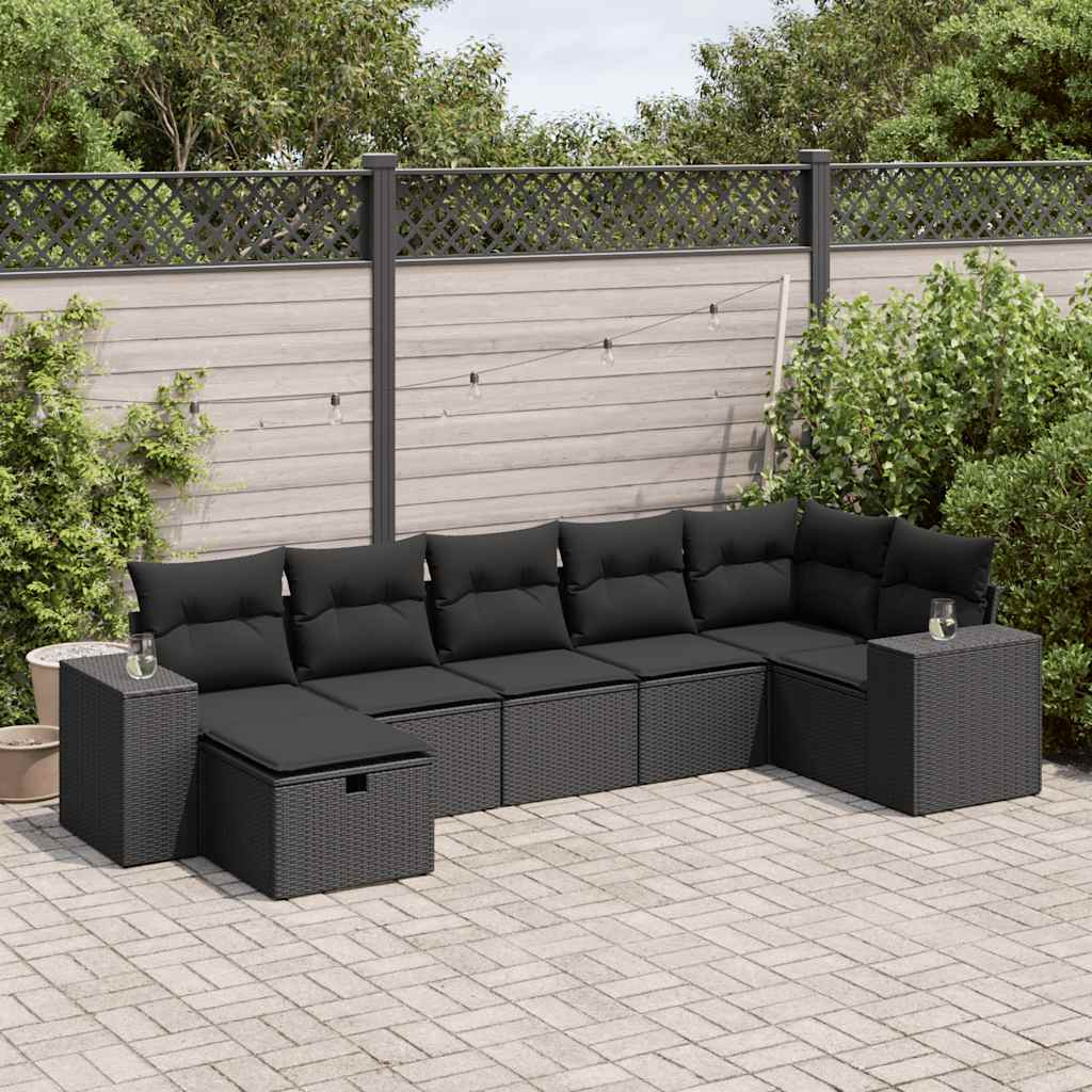 vidaXL 7-tlg. Garten-Sofagarnitur mit Kissen Schwarz Poly Rattan