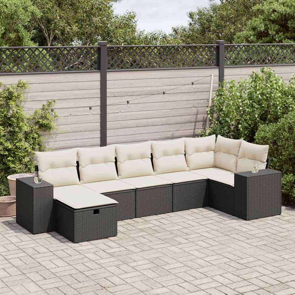 vidaXL 7-tlg. Garten-Sofagarnitur mit Kissen Schwarz Poly Rattan