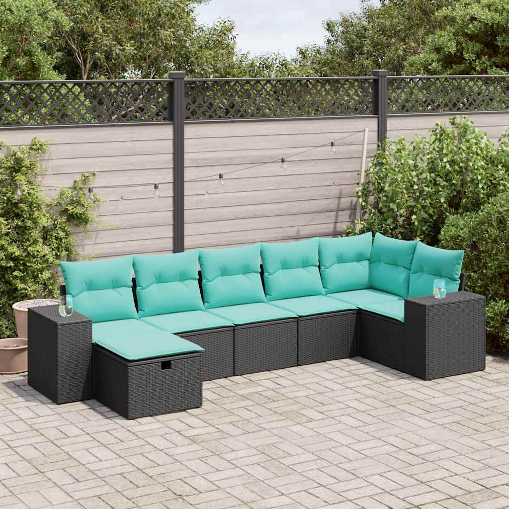 vidaXL 7-tlg. Garten-Sofagarnitur mit Kissen Schwarz Poly Rattan