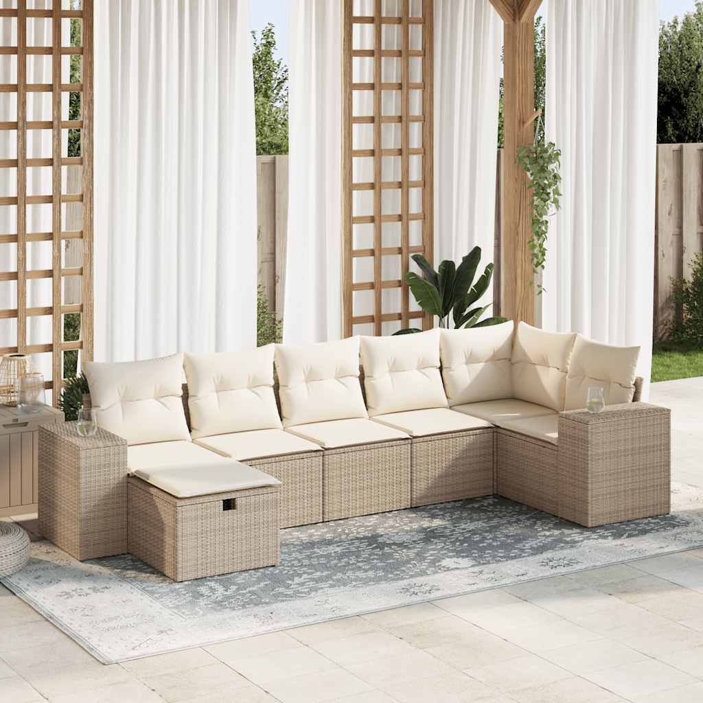 vidaXL 7-tlg. Garten-Sofagarnitur mit Kissen Beige Poly Rattan