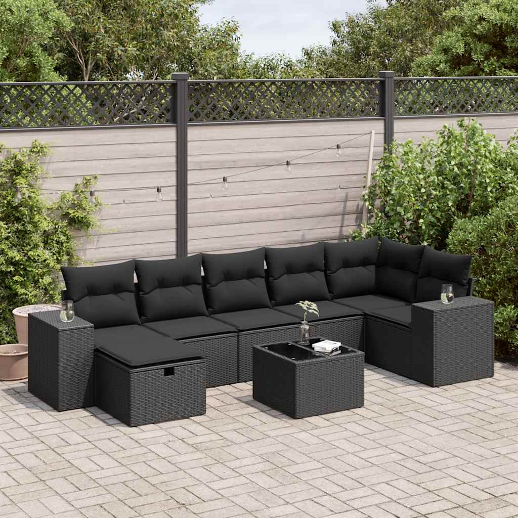 vidaXL 8-tlg. Garten-Sofagarnitur mit Kissen Schwarz Poly Rattan