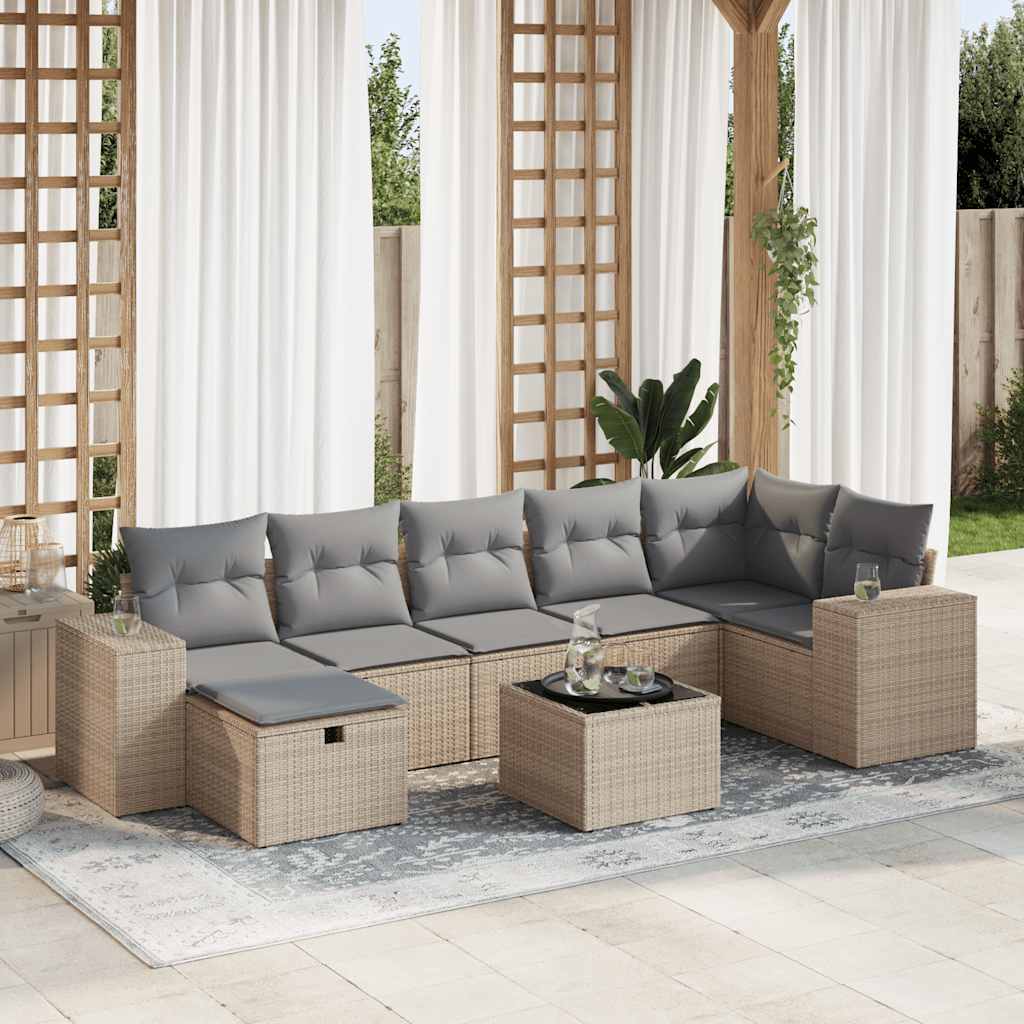 vidaXL 8-tlg. Garten-Sofagarnitur mit Kissen Beige Poly Rattan