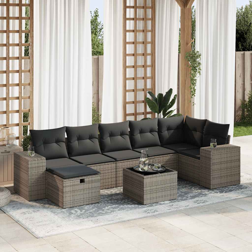 8-tlg. Garten-Sofagarnitur mit Kissen Grau Poly Rattan