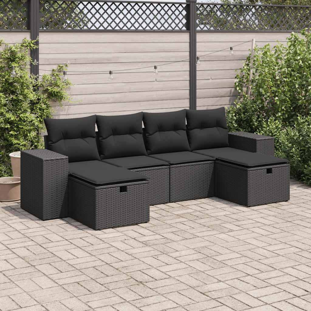 vidaXL 6-tlg. Garten-Sofagarnitur mit Kissen Schwarz Poly Rattan