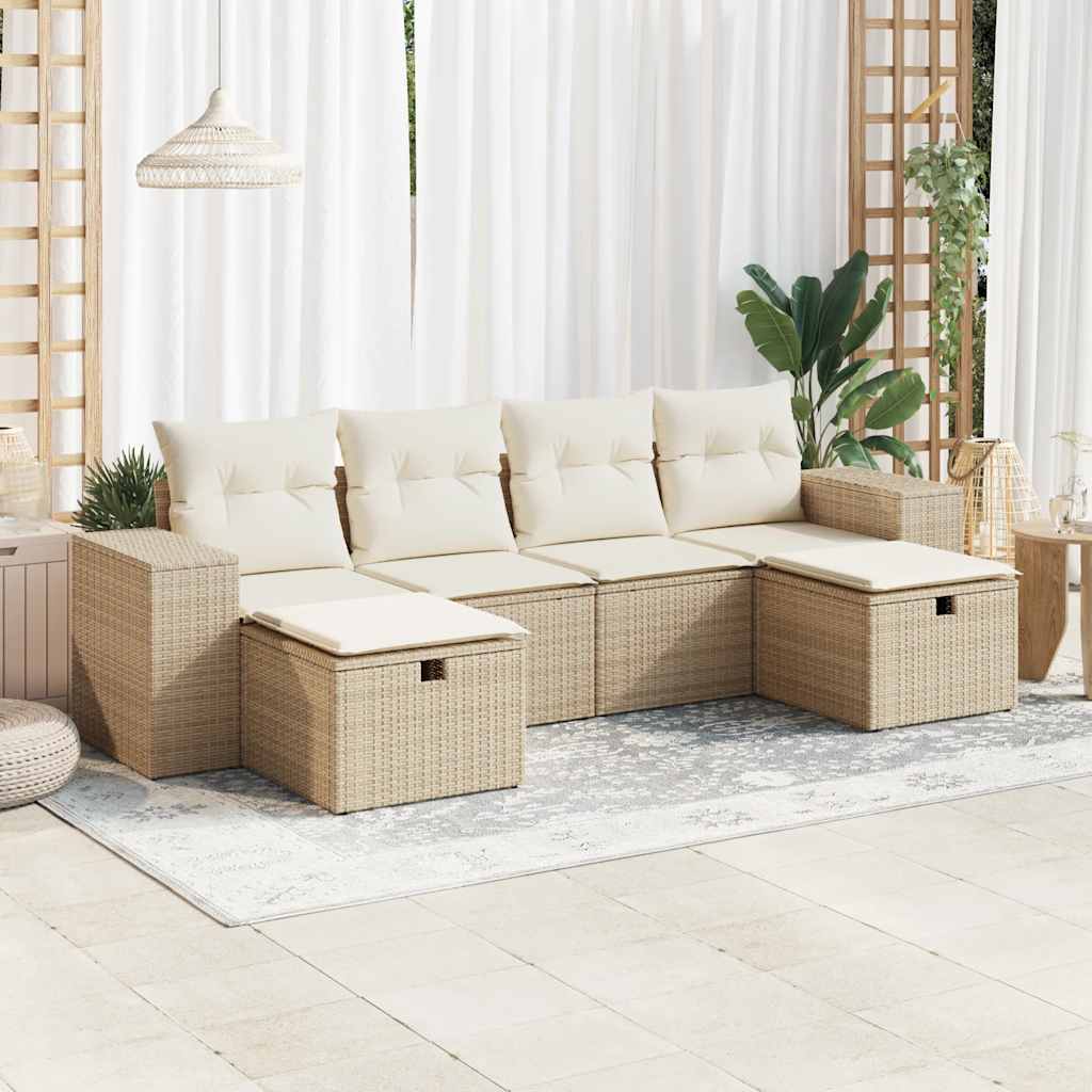 vidaXL 6-tlg. Garten-Sofagarnitur mit Kissen Beige Poly Rattan