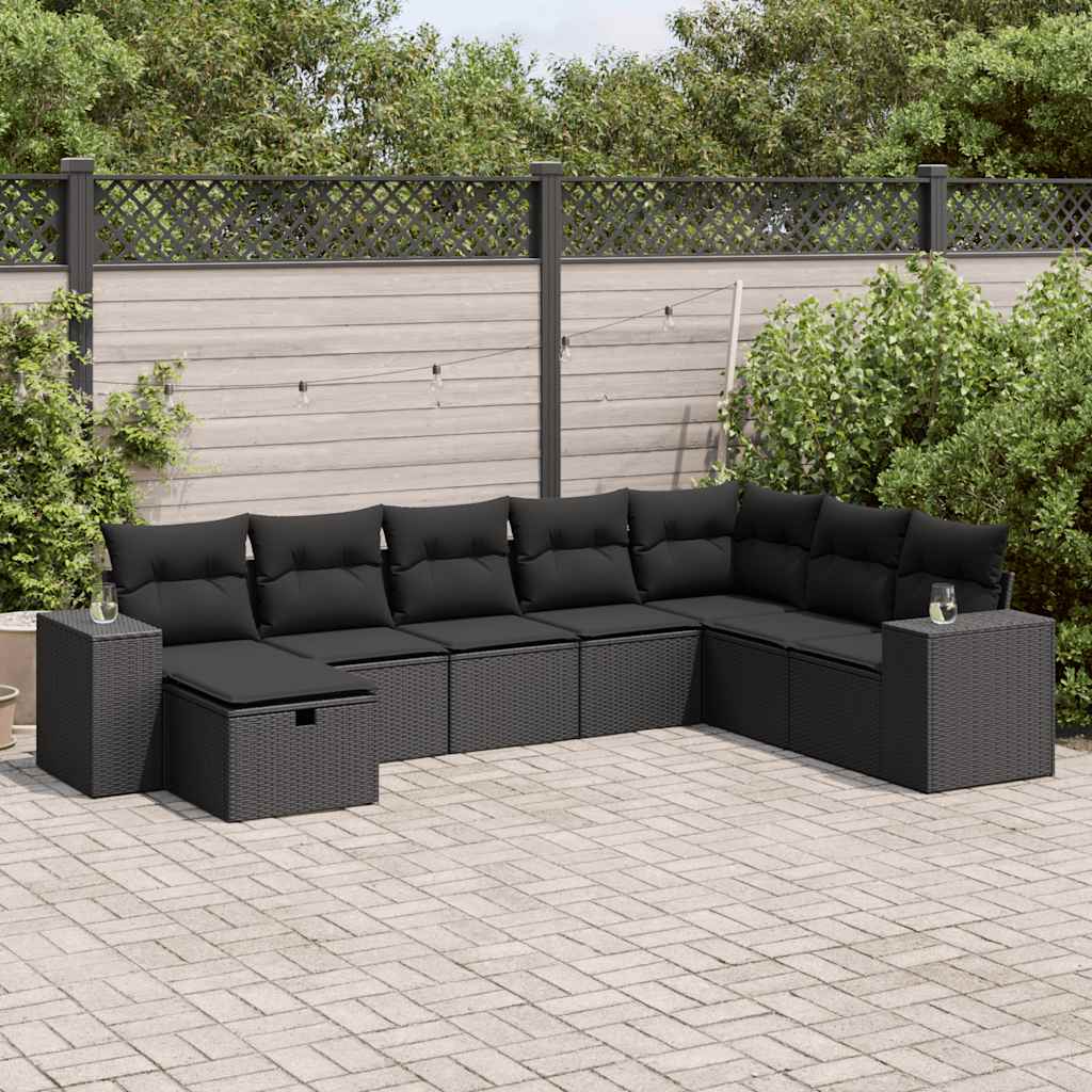 vidaXL 8-tlg. Garten-Sofagarnitur mit Kissen Schwarz Poly Rattan