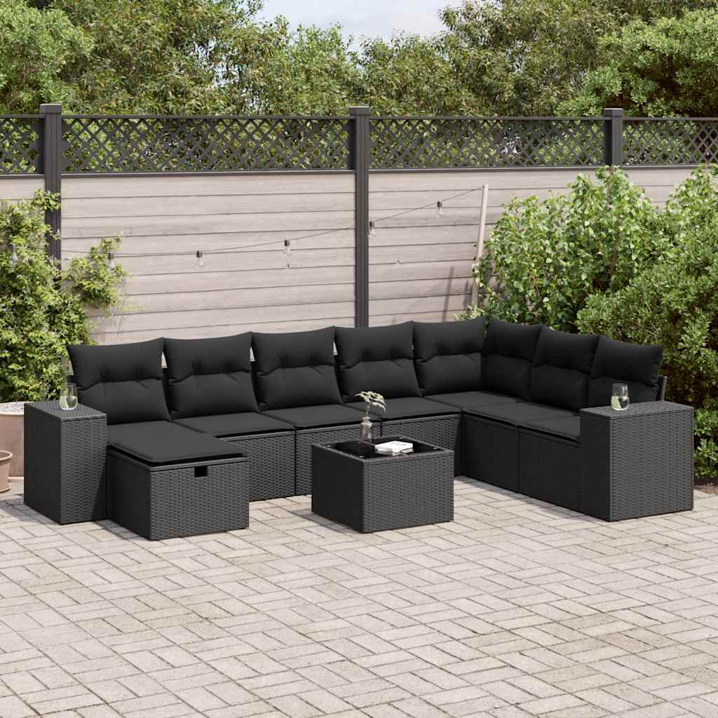 vidaXL 9-tlg. Garten-Sofagarnitur mit Kissen Schwarz Poly Rattan