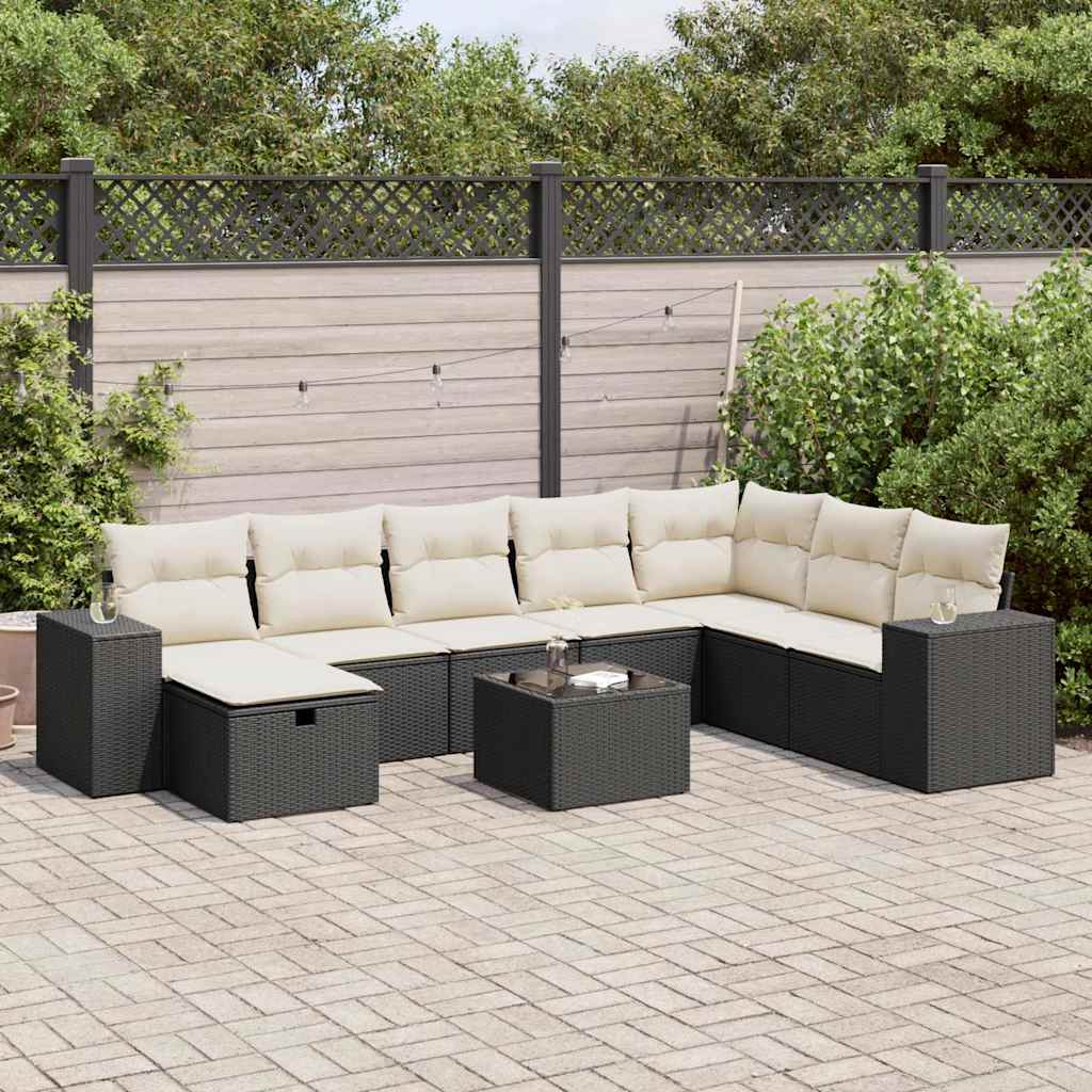 vidaXL 9-tlg. Garten-Sofagarnitur mit Kissen Schwarz Poly Rattan