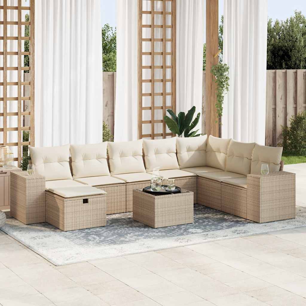 vidaXL 9-tlg. Garten-Sofagarnitur mit Kissen Beige Poly Rattan