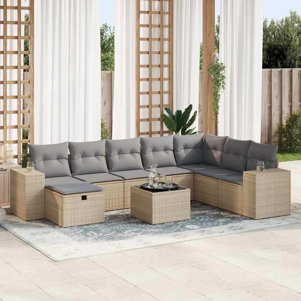 vidaXL 9-tlg. Garten-Sofagarnitur mit Kissen Beige Poly Rattan