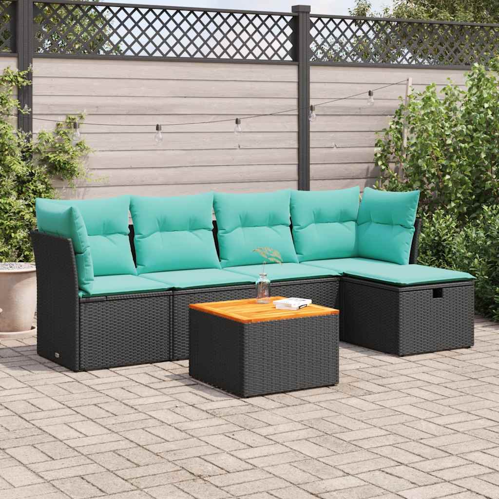Havesofasæt i polyrattan - 6 dele med opbevaring, sort/blå hynder