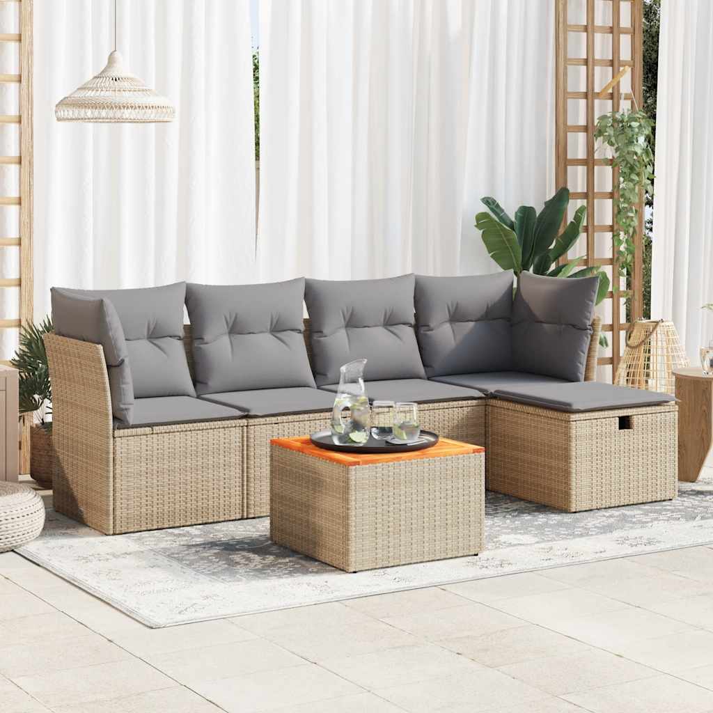 vidaXL 6-tlg. Garten-Sofagarnitur mit Kissen Beige Poly Rattan