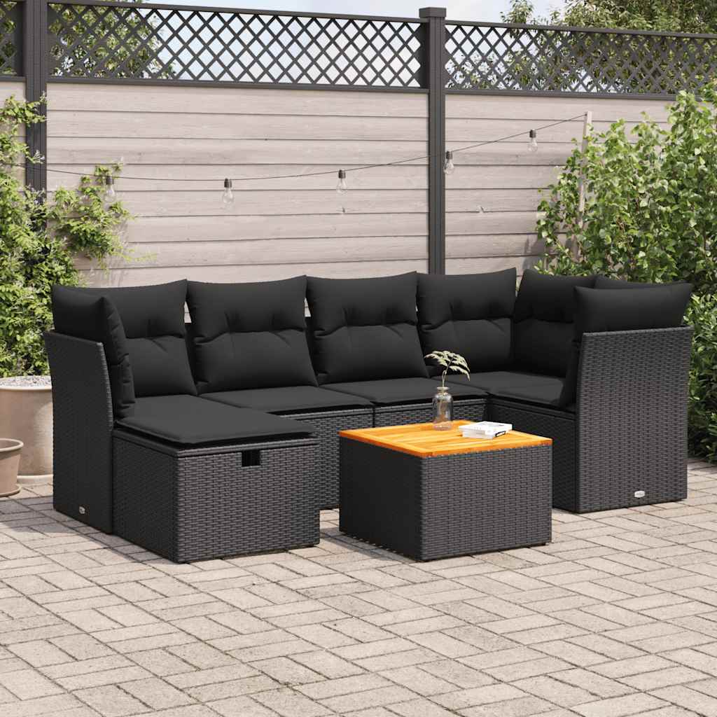 vidaXL 7-tlg. Garten-Sofagarnitur mit Kissen Schwarz Poly Rattan