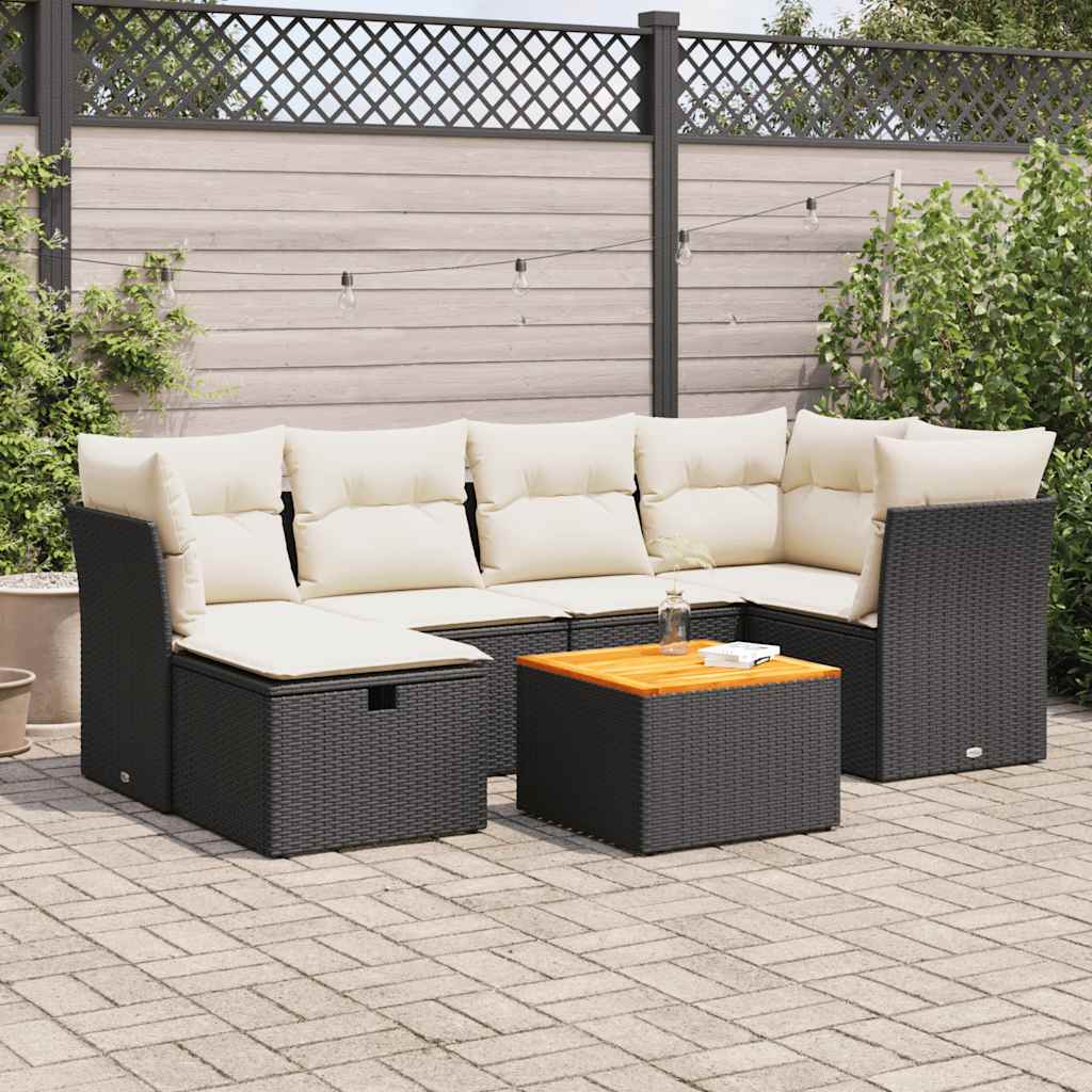 vidaXL 7-tlg. Garten-Sofagarnitur mit Kissen Schwarz Poly Rattan