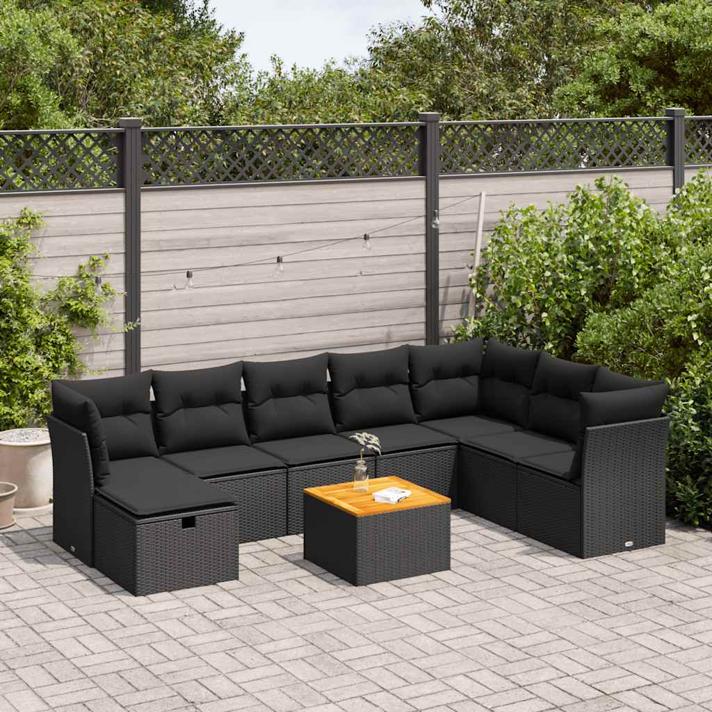 vidaXL 9-tlg. Garten-Sofagarnitur mit Kissen Schwarz Poly Rattan