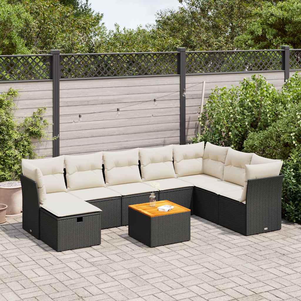 vidaXL 9-tlg. Garten-Sofagarnitur mit Kissen Schwarz Poly Rattan