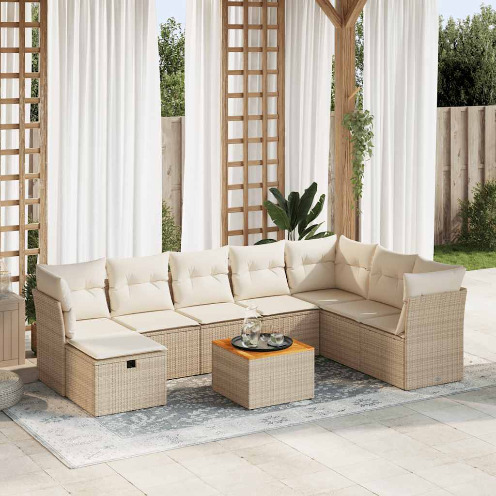 9-tlg. Garten-Sofagarnitur mit Kissen Beige Poly Rattan