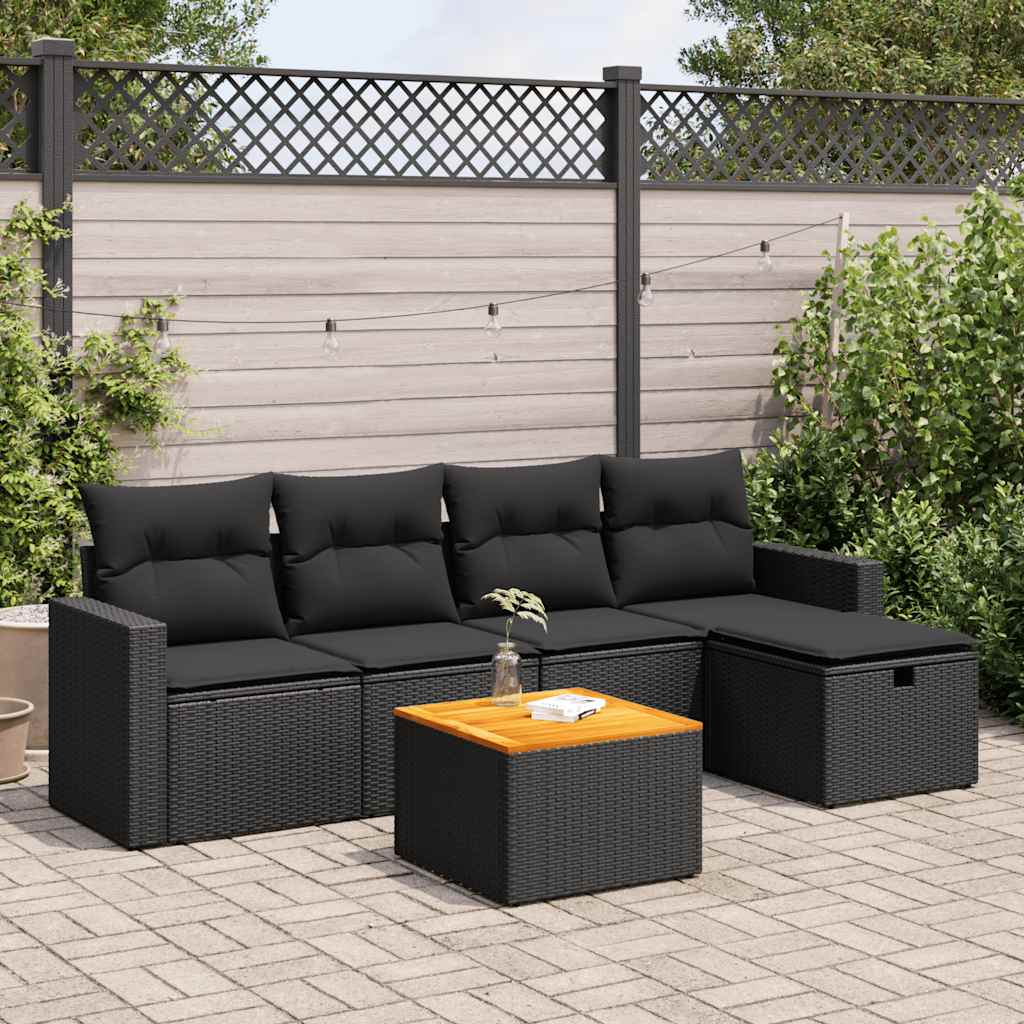 vidaXL 6-tlg. Garten-Sofagarnitur mit Kissen Schwarz Poly Rattan