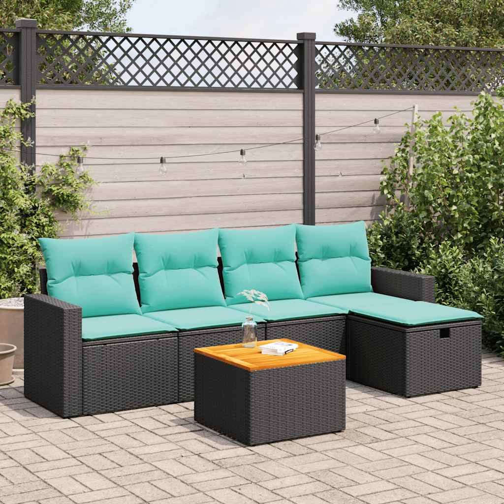 vidaXL 6-tlg. Garten-Sofagarnitur mit Kissen Schwarz Poly Rattan