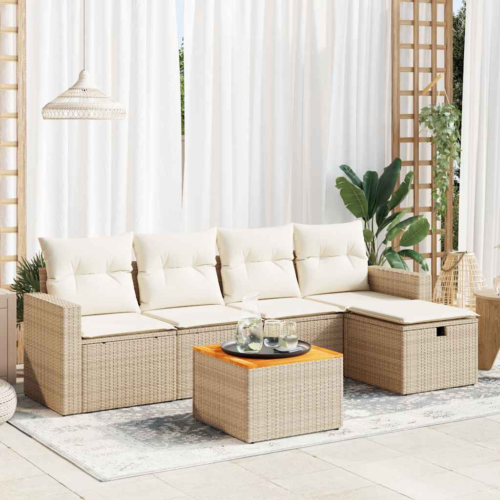 6-tlg. Garten-Sofagarnitur mit Kissen Beige Poly Rattan