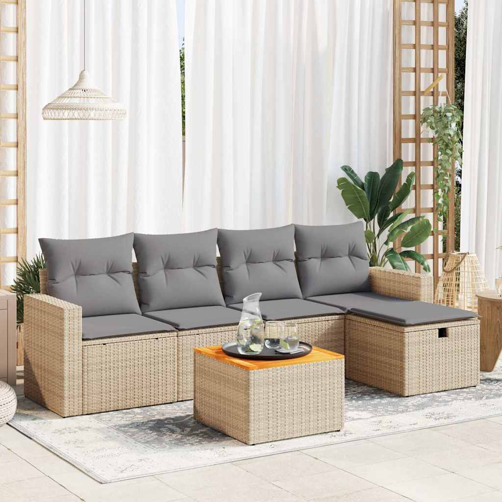 vidaXL 6-tlg. Garten-Sofagarnitur mit Kissen Beige Poly Rattan