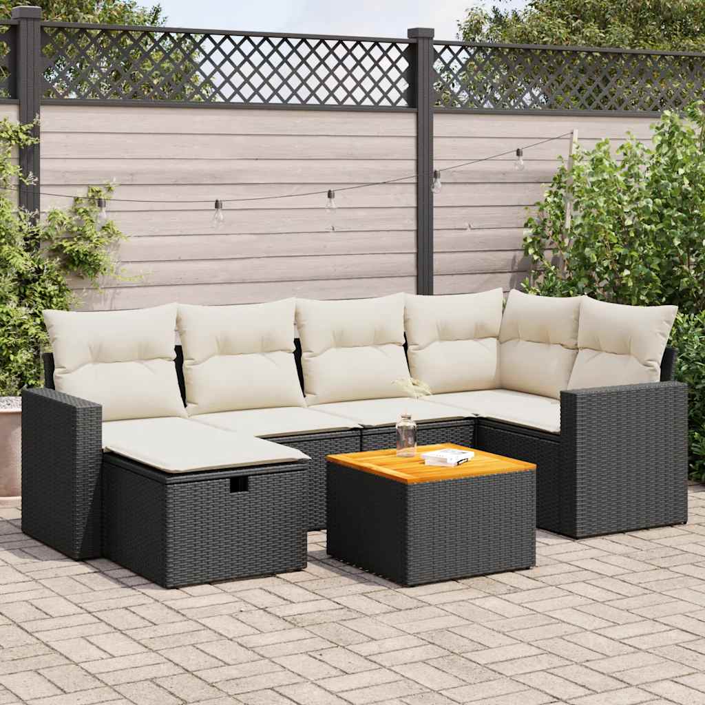 7-tlg. Garten-Sofagarnitur mit Kissen Schwarz Poly Rattan