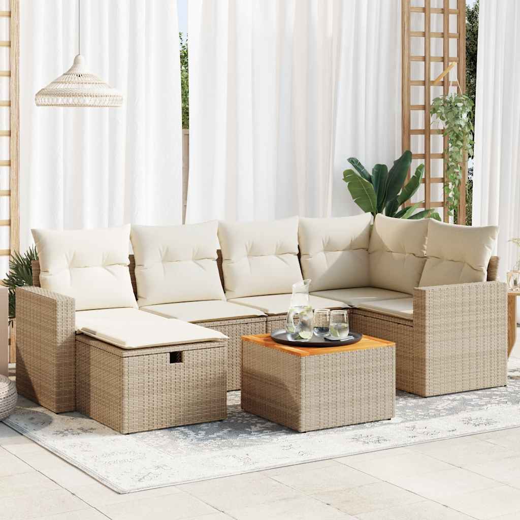 7-tlg. Garten-Sofagarnitur mit Kissen Beige Poly Rattan