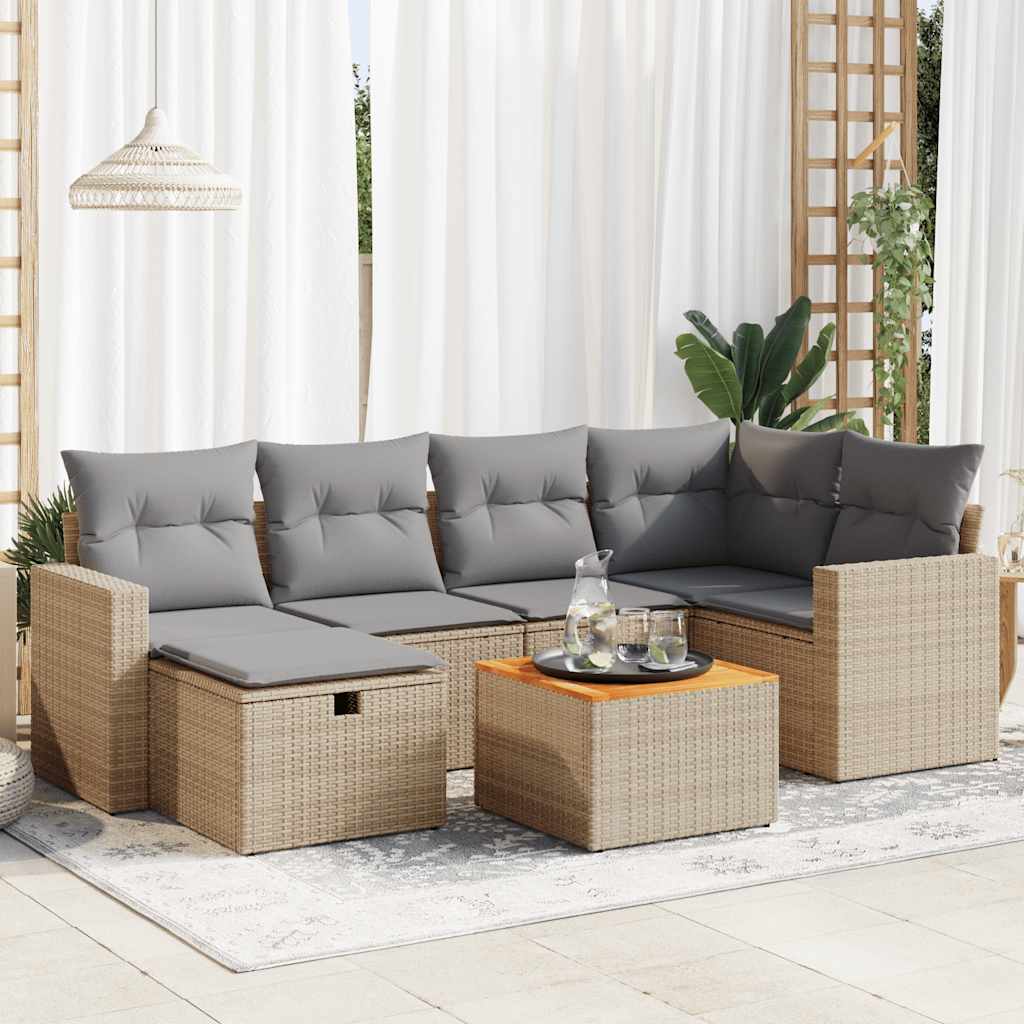 vidaXL 7-tlg. Garten-Sofagarnitur mit Kissen Beige Poly Rattan