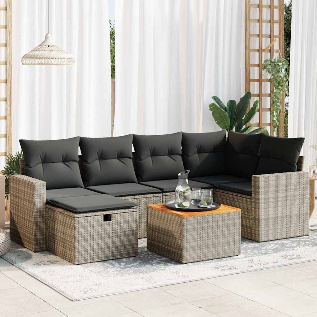 vidaXL 7-tlg. Garten-Sofagarnitur mit Kissen Grau Poly Rattan