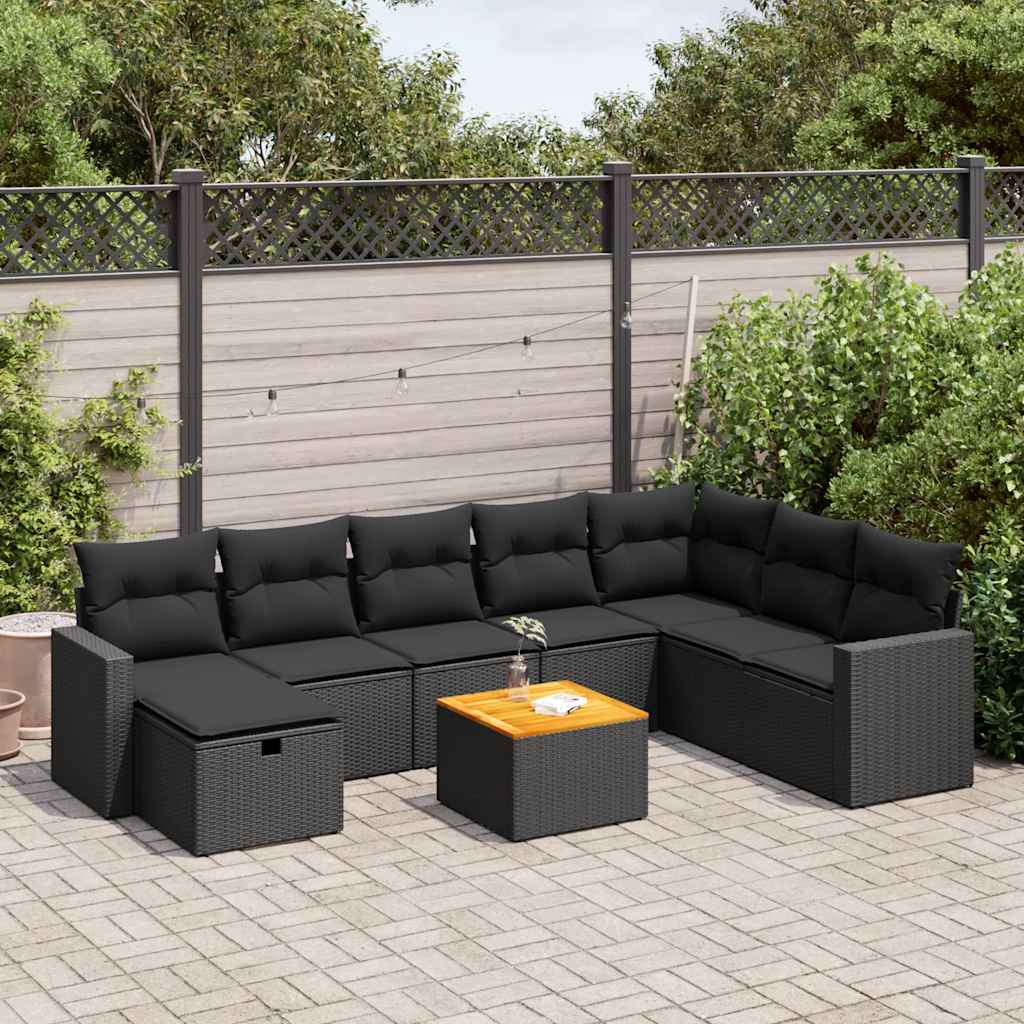 vidaXL 9-tlg. Garten-Sofagarnitur mit Kissen Schwarz Poly Rattan