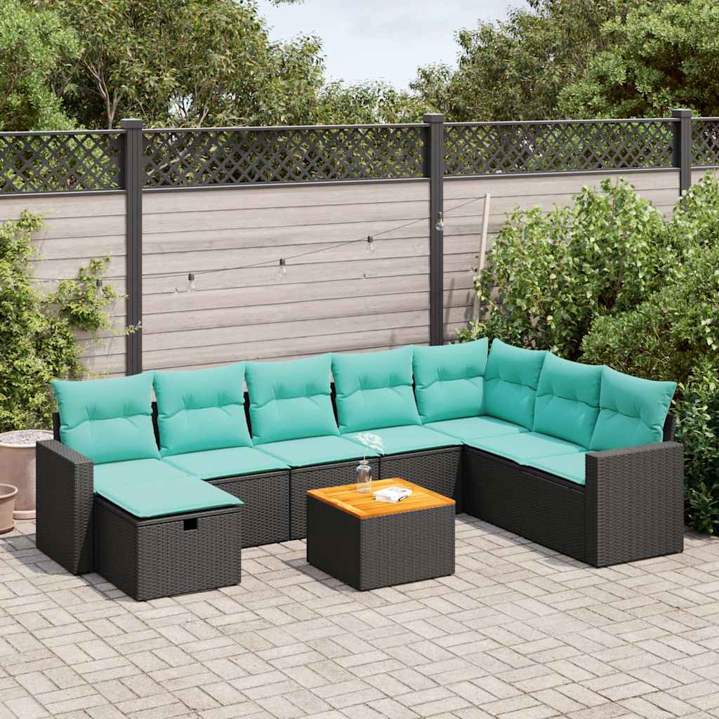 vidaXL 9-tlg. Garten-Sofagarnitur mit Kissen Schwarz Poly Rattan
