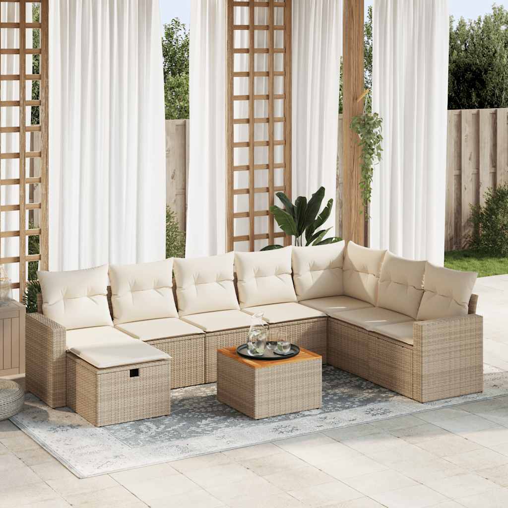 9-tlg. Garten-Sofagarnitur mit Kissen Beige Poly Rattan