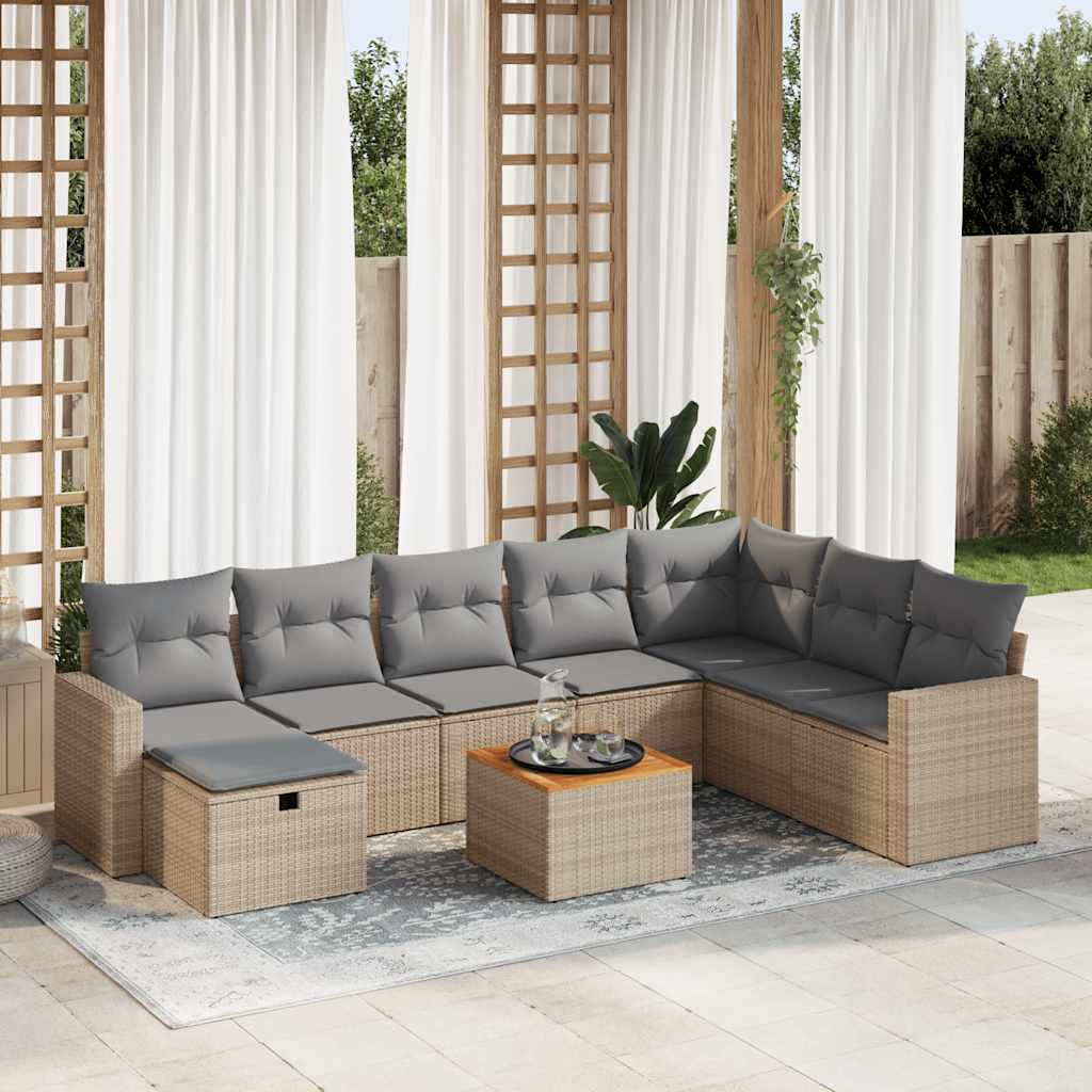 vidaXL 9-tlg. Garten-Sofagarnitur mit Kissen Beige Poly Rattan