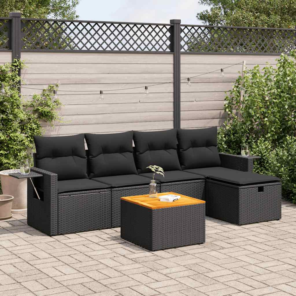 vidaXL 6-tlg. Garten-Sofagarnitur mit Kissen Schwarz Poly Rattan