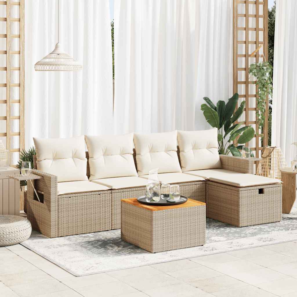 6-tlg. Garten-Sofagarnitur mit Kissen Beige Poly Rattan