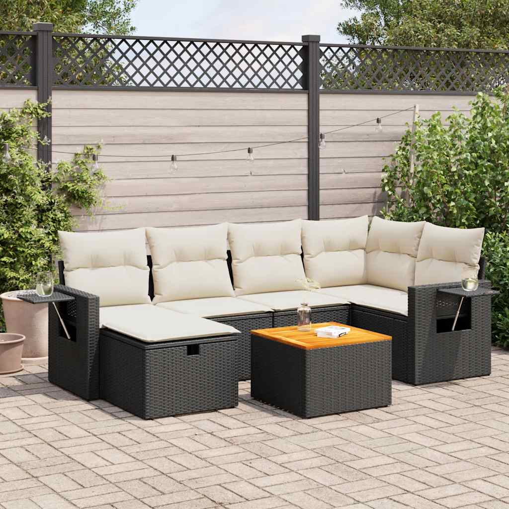 vidaXL 7-tlg. Garten-Sofagarnitur mit Kissen Schwarz Poly Rattan