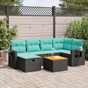 Vrtna sedežna garnitura 7-delna z blazinami črn poli ratan