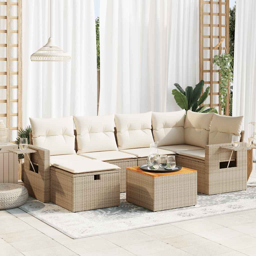 7-tlg. Garten-Sofagarnitur mit Kissen Beige Poly Rattan