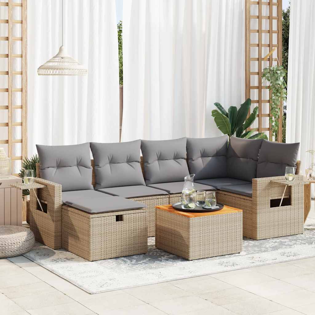 vidaXL 7-tlg. Garten-Sofagarnitur mit Kissen Beige Poly Rattan