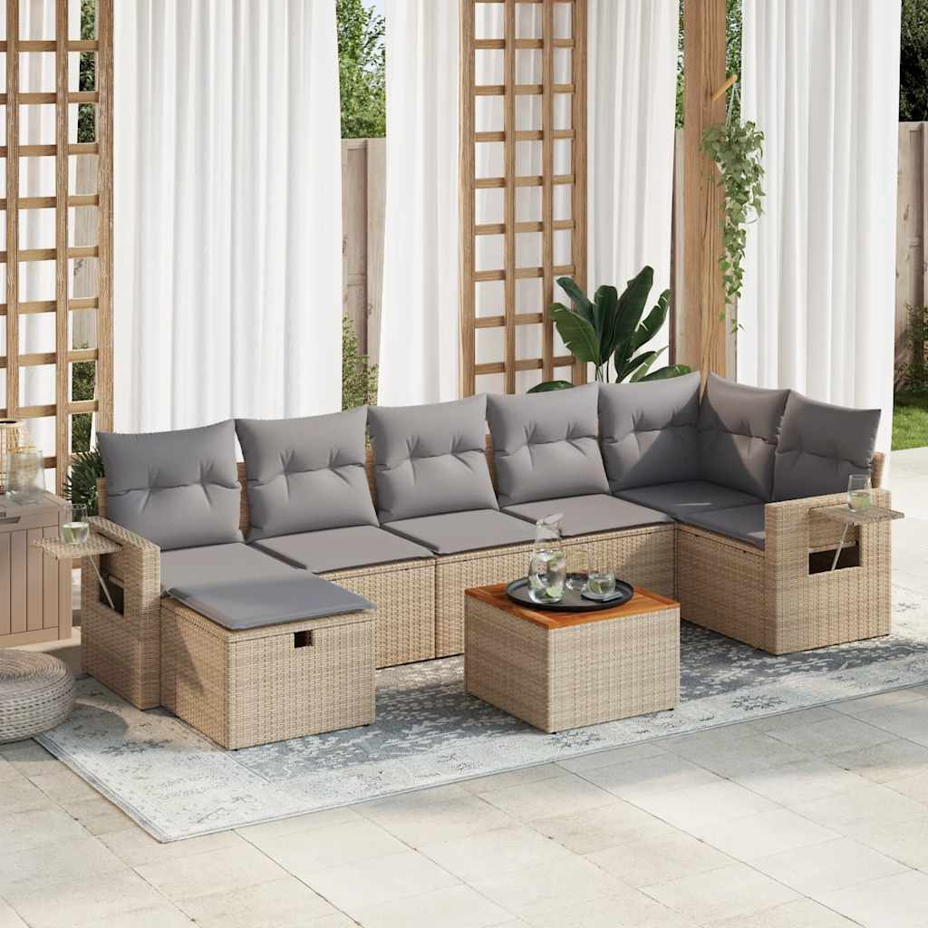 vidaXL 8-tlg. Garten-Sofagarnitur mit Kissen Beige Poly Rattan