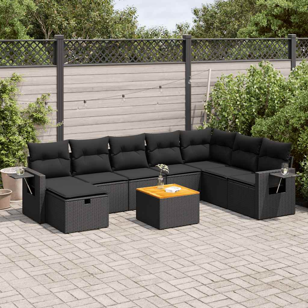 vidaXL 9-tlg. Garten-Sofagarnitur mit Kissen Schwarz Poly Rattan